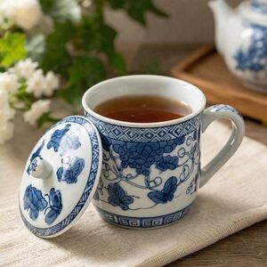 Timeless and Classic Hand Painted Blue and White Porcelain Tea Cup with Lid EUC